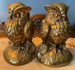Vintage Antique Mid - Century Modern Owl Bookends Pair Cast Metal Gold Bookends