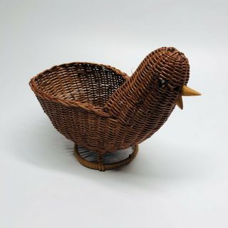 Vintage Wicker Rattan Bird Chicken Decorative Basket Or Planter 7 1/4 " Long (ll)