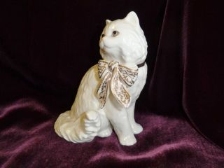 Lenox Porcelain Cat Figurine White Persiant Sitting Pretty 24k Gold Bow Perfect