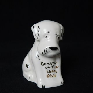 Vintage Ceramic White Dog Black Gold Geneva On The Lake Ohio Souvenir 2.  5 "