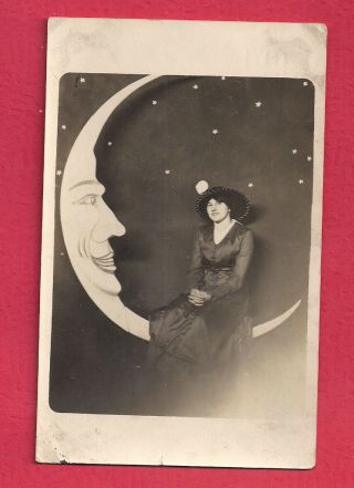 Real Photo Postcard Rppc Young Lady Fashion Sitting On Paper Moon Studio Prop