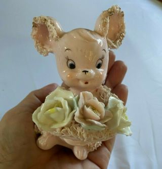 Vintage Pink Spaghetti Trim Mouse With Flowers Figurine,  Made In Japan