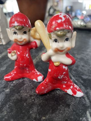 Pixie Elves Elf Baseball Salt & Pepper Shaker Vintage Made In Japan