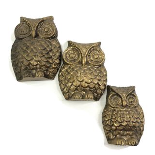 3 Owl Family Small Medium Large Metal Antique Brass Wall Or Shelf Decor