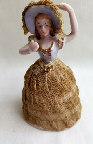 Vintage Japan Porcelain Figurine Lady With Dresden Lace Skirt & Bonnet 4.  5 "