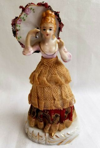 Vintage Japan Porcelain Figurine Lady With Dresden Lace Skirt & Umbrella 5 "