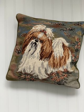 Vintage Wool Needlepoint Pillow Shih Tzu Dog With Bow Blue Velveteen Back 14x14