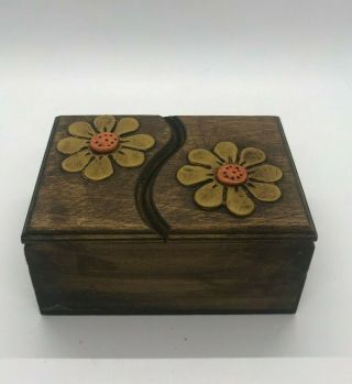Vintage Hand Carved Wooden Box With Lids And Flower Decor