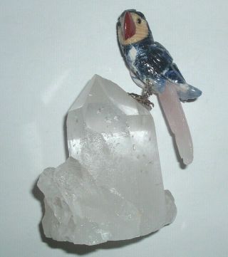 Vtg Hand Carved Gemstone Parrot Mounted On Crystal Point Mountain Cluster
