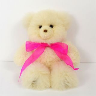 Real Fur White Cream Ivory Teddy Bear Pink Bow Soft Plush Figure Sculpture