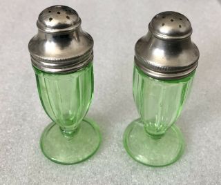 Green Depression Era Vaseline Glass Salt And Pepper Shakers