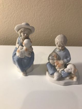 Vintage Porcelain Boy And Girl With Puppies Figurines,  Llardo Style