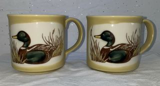 2 Vintage Otagiri Mallard Duck Coffee Cups Mugs Cattails Yellow A