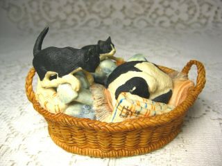 Mother Cat And 2 Kittens In Basket Hand Made In Scotland By Border Fine Arts