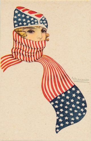Giovanni Nanni Signed Young Woman Wearing Flag Scarf Patriotic Postcard