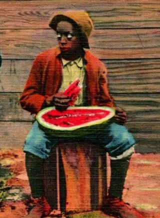 C1940s Black Americana Postcard Watermelon " Give Us De Rine "