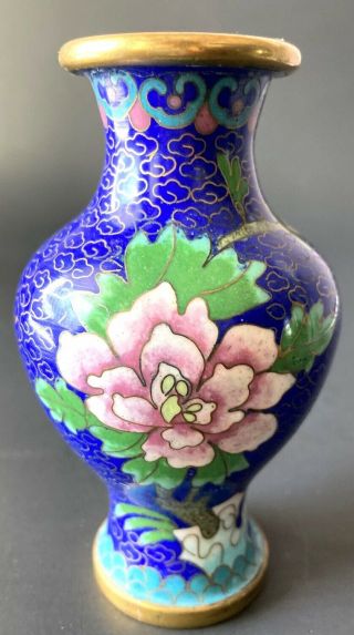 Jingfa Fine Cloisonne Vase Blue Background Pink Peony,  Lotus Blossoms,  Butterfly