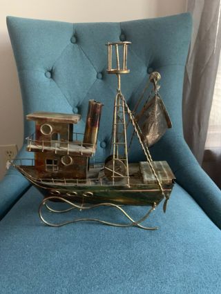 Vintage Berkeley Designs Brass Copper Metal Art Windup Music Box Fishing Boat