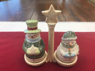 Vintage Christmas Snowman And Snow Woman Salt & Pepper Shakers With Stand
