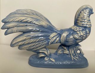 Vintage Country Blue & White Glazed Rooster Hen Chicken Ceramic Figure 9” X 5.  5”