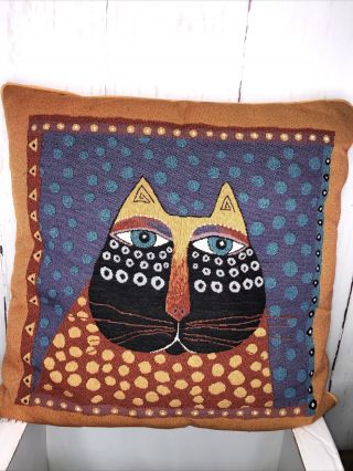 Laurel Burch Cat Tapestry Throw Pillow 1 Cat Sitting Colorful Orange Feline 18 "