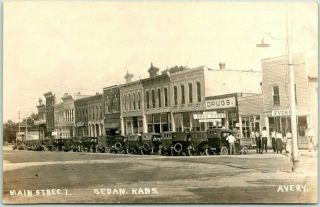 1920 Sedan,  Kansas Rppc Postcard Main Street Downtown / Stores View Avery Photo