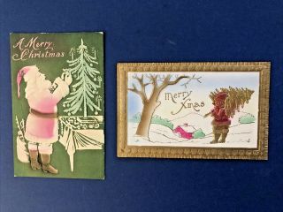 2 Antique Santa Postcards Embossed & Gold Trim,  Air Brushed W Value