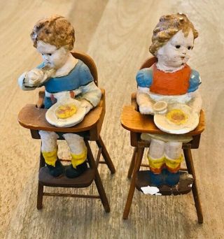 Antique Hand Made Boy And Girl Figurines In Wood High Chairs 5 1/2”