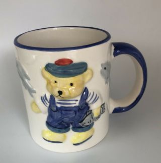 Vintage Bear With Fish 3d Ceramic Coffee Cocoa Tea 3 7/8 " Mug Cup