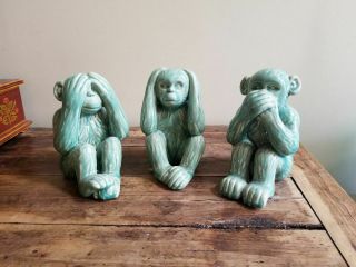 Set Of 3 - Speak Hear See No Evil Monkeys - Ceramic Glazed Aqua Crackle Finish