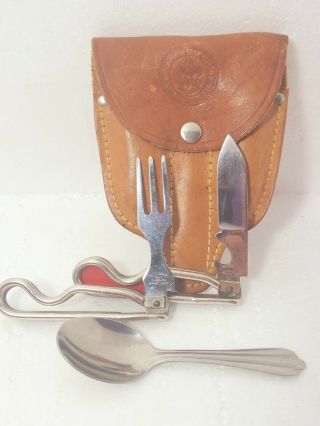 Vintage Boy Scouts Of America Set Knife Fork Spoon In Leather Case