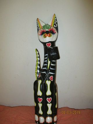 Sugar Skull Black Wood Cat Figurine Statute Carving Hand Painted 2o "