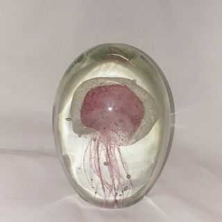 Art Glass Paperweight Pink & White Jelly Fish Marine Life Sea Creatures 4 - 1/2 "