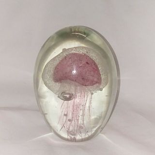 Art Glass Paperweight Pink & White Jelly Fish Marine Life Sea Creatures 4 - 1/2 