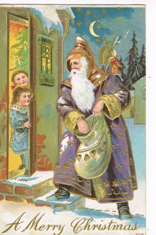 Antique Embossed Christmas Postcard Santa Claus,  Lavender And Gold Suit