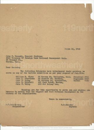 Vtg 1946 John F.  Kennedy Vfw Veterans Of Foreign Wars Encampment Boston Letter