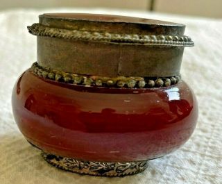 Antique 2 Inch Pill - Trinket Box Silver Tone Beading And Red Glass