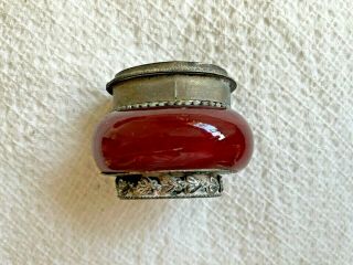 ANTIQUE 2 INCH PILL - TRINKET BOX SILVER TONE BEADING AND RED GLASS 2
