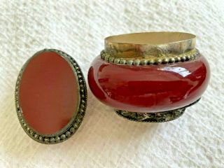 ANTIQUE 2 INCH PILL - TRINKET BOX SILVER TONE BEADING AND RED GLASS 3