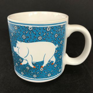 Vintage Jsny Farm House Country Animal Pig Coffee Mug Tea Cup Blue 1980 