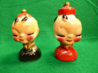 Vintage Japan Ceramic Salt & Pepper Shakers Oriental Traditional Kids Faces
