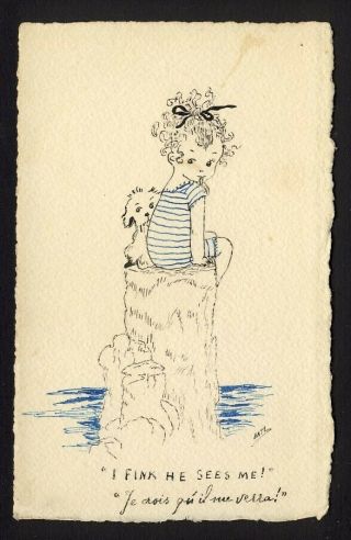 Hand Drawn Ink / Color Ink? - Little Girl,  Dog Sit On Wooden Pylon Water - A/s