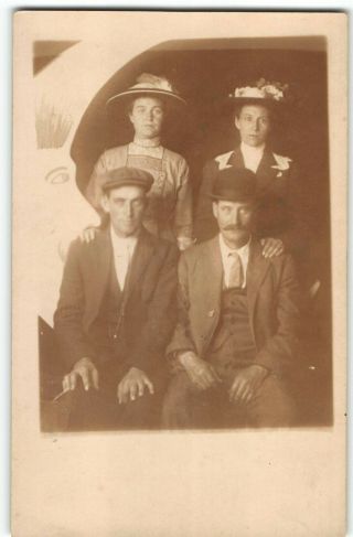1910s Studio Paper Moon Prop Arcade 2 Couple W Hats Rppc Real Photo Postcard - P5