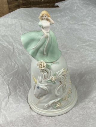 Vintage 1988 Enesco Elusive Legend Lady & Unicorn Bell Porcelain Taiwan