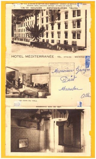 Menton (06) Hotel Mediterranee Intérieur Extérieur,  Carte - Lettre 3 Volets 1956