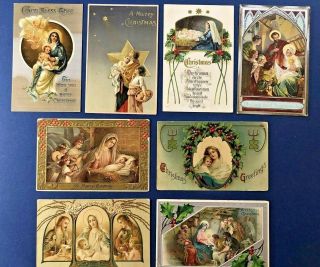 8 Christmas Antique Postcards Holy Family Religious Mixture.  Gold / Silver Trim