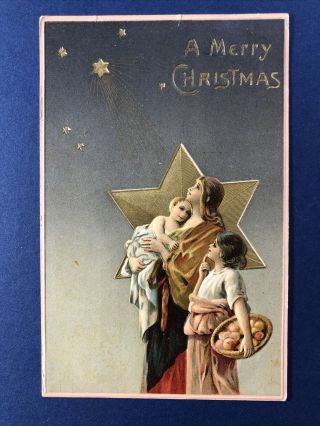 8 Christmas Antique Postcards Holy Family Religious Mixture.  Gold / Silver Trim 3