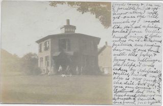 Rppc Town Of Hamden,  N.  Y.  - - Octagen House By Owner In 1907 Family On Steps