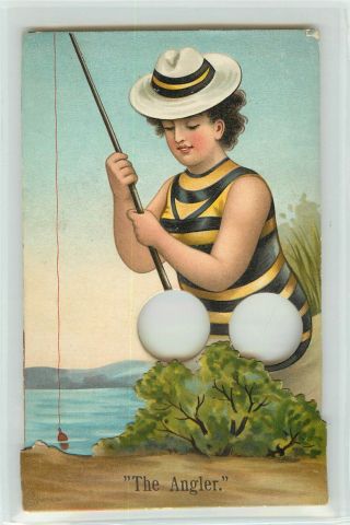 Novelty Postcard Woman Fishing Fingers Through Leg Holes Fold Out The Angler