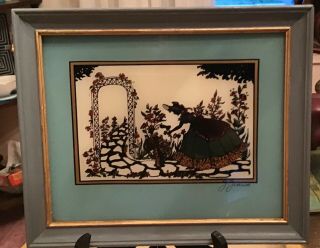 Vintage Signed Reverse Painted Silhouette Picture.  Victorian Scene.